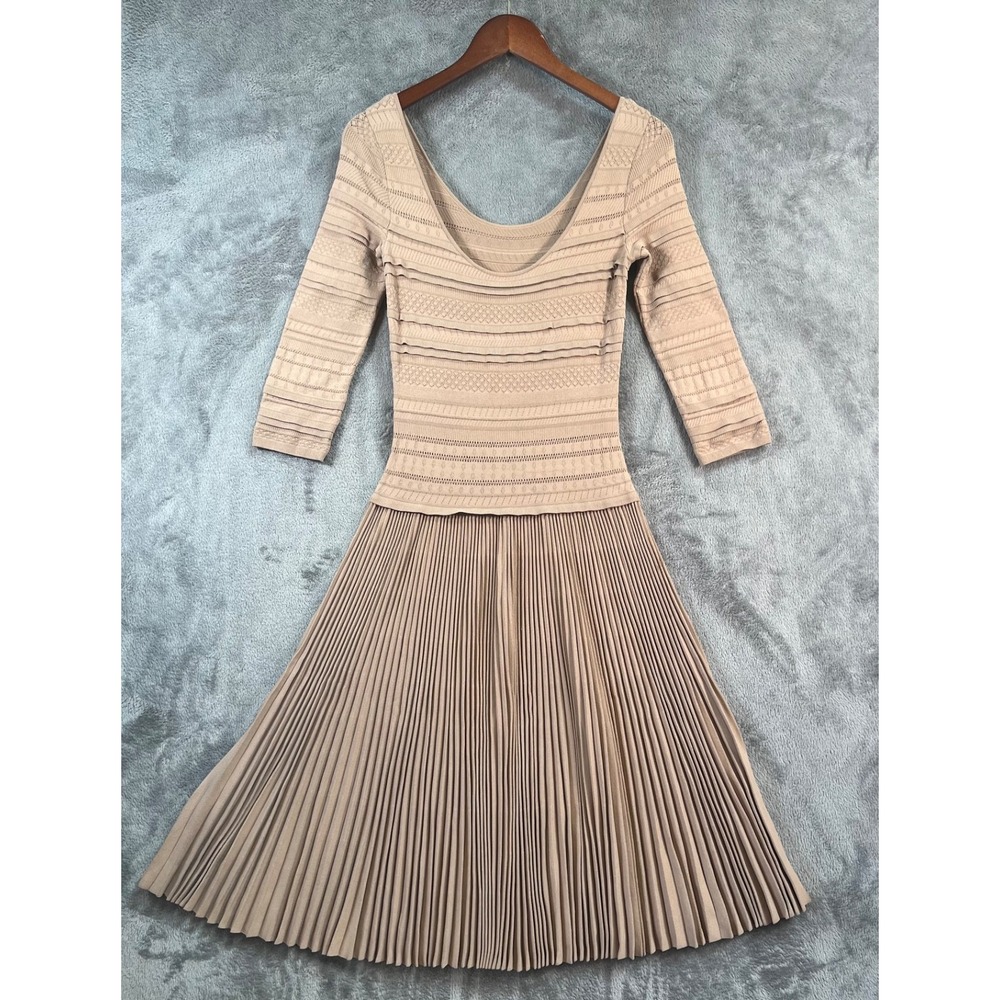 Ralph Lauren Purple Label Pleated Midi Dress XS Tan Knit Layered Bodice Viscose - Picture 1 of 13